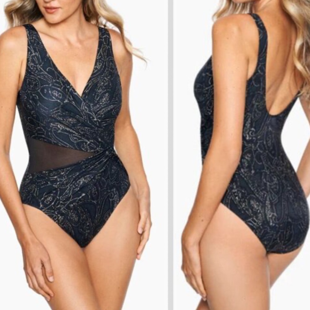 Miracle Suit Black + Gold Sultana Wrapsody One Piece Swimsuit | Size 8
